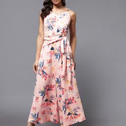 Miss Chase Peach-Coloured & Blue Printed Pleated Jumpsuit-picture-46