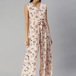 SHOWOFF Peach-Coloured & Navy Blue Printed Culotte Jumpsuit-image-64