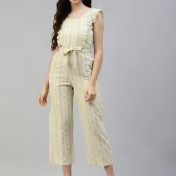 Poshak Hub Women Green & Beige Pure Cotton Striped Basic Jumpsuit with Ruffles-picture-12