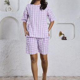 SANSKRUTIHOMES Lavender Checked Pure Cotton Night suit-image-0