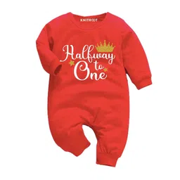 KNITROOT Infant Kids Red & White Half Way To One Printed Bodysuit-18