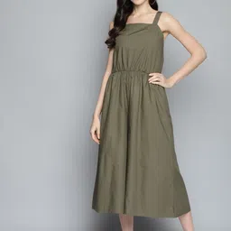 SCOUP Women Olive Green Pure Cotton Solid Flared Culotte Jumpsuit-image-34