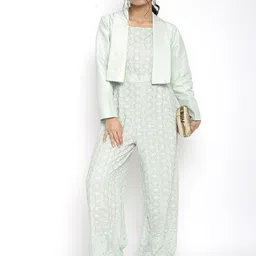 HANDME Green Printed Basic Chikankari Jumpsuit with Jacket-image-19