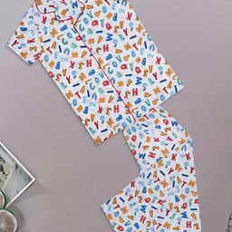 BAESD Kids Typography Printed Lapel Collar Pure Cotton Night Suit-image-85