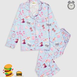 Pyjama Party Girls Graphic Printed Lapel Collar Pre Cotton Night suit-image-101