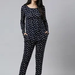 Enamor Women Navy Blue & White Printed Longline Night suit-picture-27