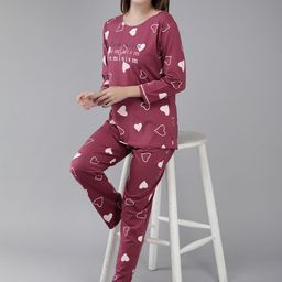 Zeyo Women Burgundy & Off White Printed Night suit-image-71