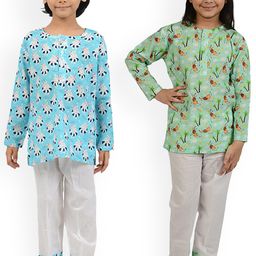 frangipani Boys Pack of 2 Blue & Green Printed Pure Cotton Night suit-image-92