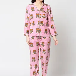 Pyjama Party Women Pink & Brown Printed Night Suit-image-102