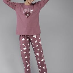 Zeyo Women Mauve & White Printed Cotton Night suit-6