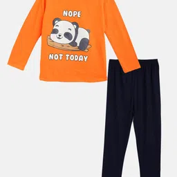 Wyld Sprog Boys Orange & Black Lazy Panda Printed Cotton Night suit-21