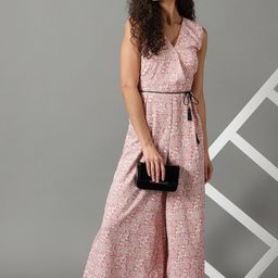 SHOWOFF Floral Printed V-Neck Culotte Jumpsuit With Waist Tie-Ups-13