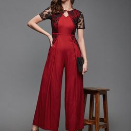 Miss Chase Maroon & Black Lace Up Basic Jumpsuit image 2