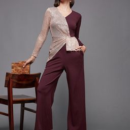 Miss Chase Maroon Pink Sequinned V-Neck Basic Jumpsuit-46