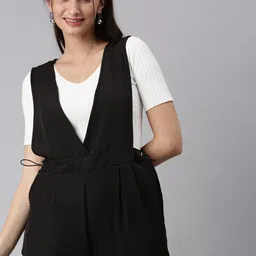 SHOWOFF Women Black & White Solid V-Neck Polyester Culotte Jumpsuit-image-40