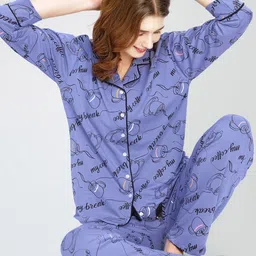 Zeyo Lapel Collar Typography Printed Pure Cotton Night suit-image-65