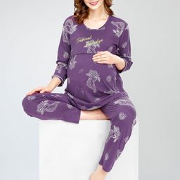 Zeyo Floral Printed Round Neck Pure Cotton Maternity Night suit-37