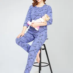 Zeyo Typography Printed Round Neck Pure Cotton Maternity Night suit-image-25