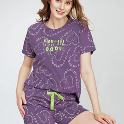 Zeyo Conversational Printed Round Neck Pure Cotton Night Suit-image-2