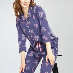 Zeyo Conversational Printed Round Neck Pure Cotton Night Suit-image-38