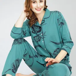 Zeyo Lapel Collar Printed Pure Cotton Night suit-image-66