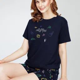 Zeyo Round Neck Short Sleeves Printed Pure Cotton Night suit-image-78