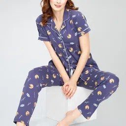 Zeyo Conversational Printed Round Neck Pure Cotton Night Suit-image-79
