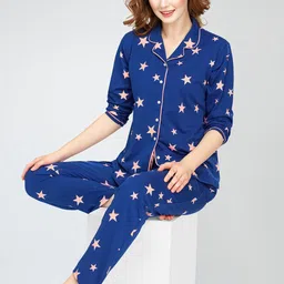 Zeyo Lapel Collar Conversational Printed Pure Cotton Night suit-image-64