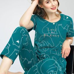 Zeyo Round Neck Short Sleeves Printed Pure Cotton Night suit-image-60