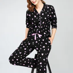 Zeyo Lapel Collar Conversational Printed Pure Cotton Night suit-image-96