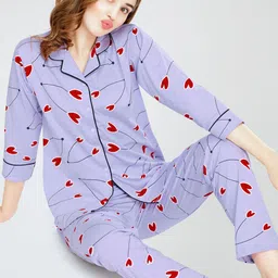 Zeyo Lapel Collar Printed Pure Cotton Night suit-image-74