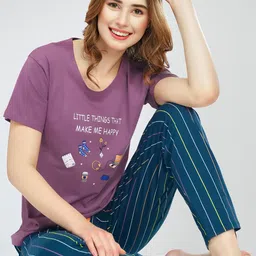 Zeyo Round Neck Short Sleeves Printed Pure Cotton Night suit-image-99