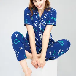 Zeyo Lapel Collar Conversational Printed Pure Cotton Night suit-image-79