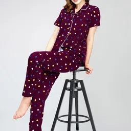 Zeyo Lapel Collar Printed Pure Cotton Night suit-image-75