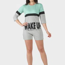 SEPHANI Women Sea Green & Grey Colourblocked Pure Cotton Night suit-image-88