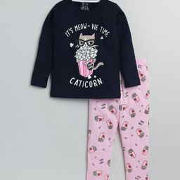Lazy Shark Girls Navy Blue & Pink Printed Night suit-73