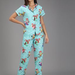 SEPHANI Women Turquoise Blue & Red Printed Night suit-image-93