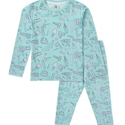 Cub McPaws Boys Turquoise Blue & Black Printed Cotton Night suit-image-53