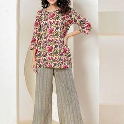 FEATHERS CLOSET Floral Printed Pure Cotton Tunic With Trousers-46