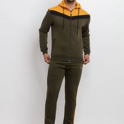 Status Quo Men Olive Green & Mustard Yellow Solid Cotton Hooded Tracksuit-picture-47