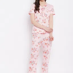 Camey Women Peach-Coloured & Grey Floral Printed Night suit-12