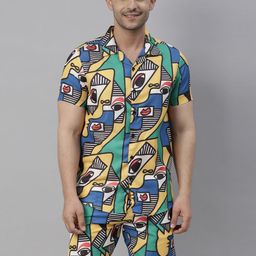 Bushirt Men Green & Navy Blue Printed Night Suit-image-35