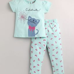 Eieio Girls Green & Pink Printed Night suit-13