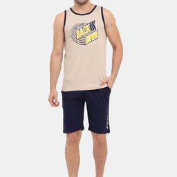 Masculino Latino Men Beige & Navy Blue Printed Cotton Night suit-14
