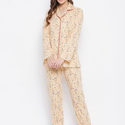Camey Women Beige & Red Printed Pure Cotton Night suit-18