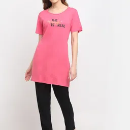 Kanvin Women Pink Printed Longline Night Suit-image-2