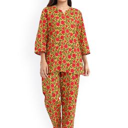9shines Label Women Yellow & Red Printed Pure Cotton Night suit-image-19