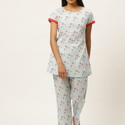 Laabha Women Blue & Red Printed Pure Cotton Night suit-22
