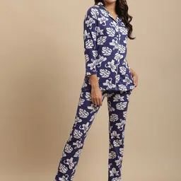 Claura Women Blue & White Printed Pure Cotton Nightsuit-image-75