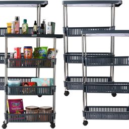 Pack of 4 Slim 4-Layer Multipurpose Storage Rack with Wheels | Grey Plastic Kitchen Trolley-image-14